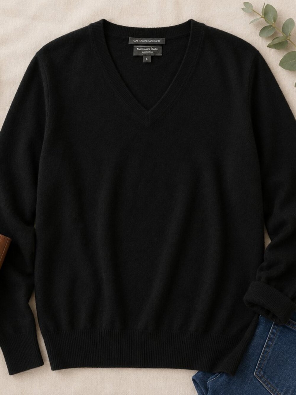 Mantovani Studio 100% Italian Cashmere Black V-Neck Sweater Men's L